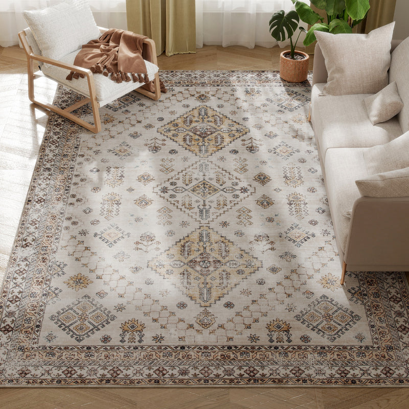 Large Washable Vintage Area Rug Non Slip Flannel Carpet for Living Room or Bedroom Beige