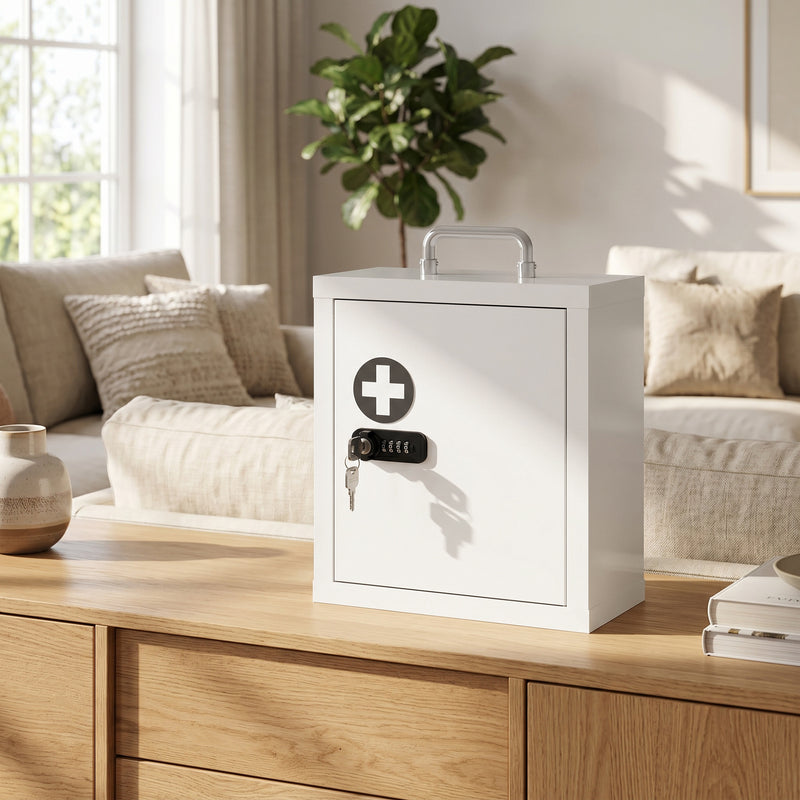 Medicine Cabinet with Lock for Secure Family Storage and Easy Wall Mounting White Grey