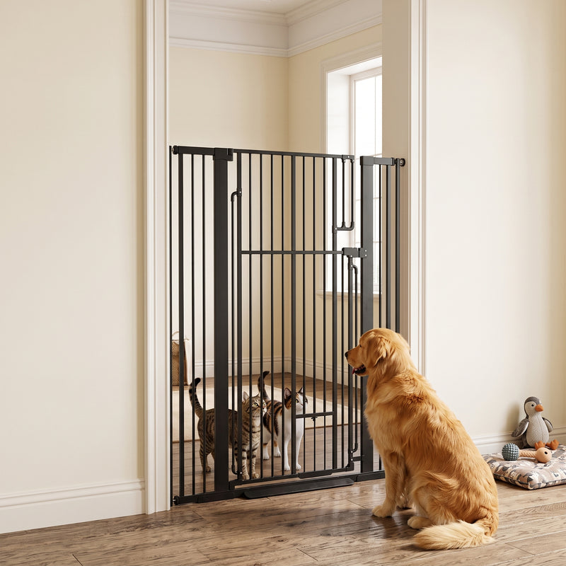 Extra Tall Dog Gate With Cat Door For Wide Doorways And Stairs Pressure Mounted Black