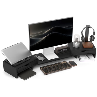 Dual Monitor Stand Riser with 2 Drawers Adjustable Length for PC Laptop and Printer Black by HOMCOM