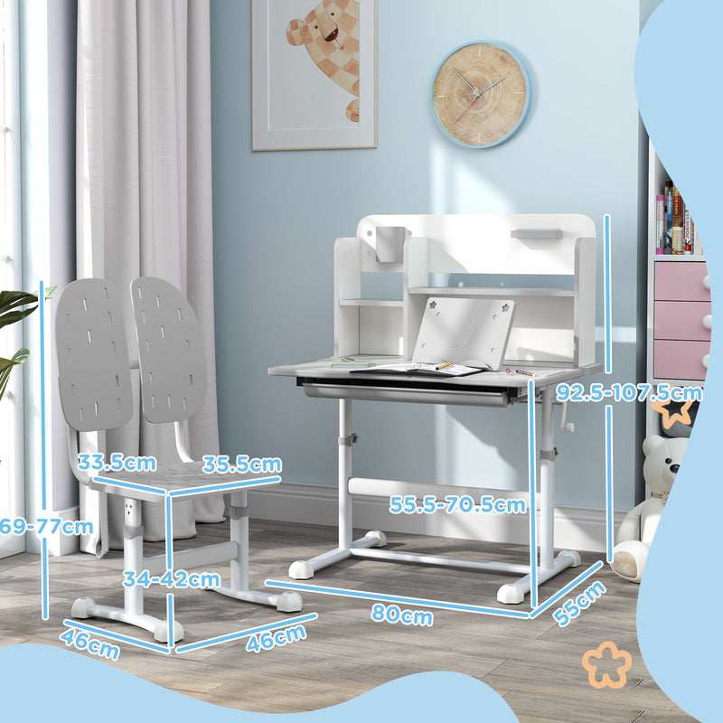 Height Adjustable Kids Desk and Chair Set with Tiltable Desktop and Reading Rack Grey by AIYAPLAY