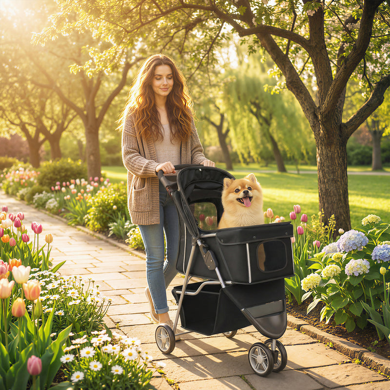 Dog Pram for Small Pets Up to 10 kg with Foldable Frame and Storage Basket Black AOSOM