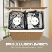 100L Double Laundry Hamper with Lid and Removable Liner Brown Bamboo Basket