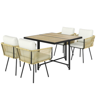 Rattan Garden Dining Set for 4 with Cushions and Space Saving Chairs, Beige Outsunny