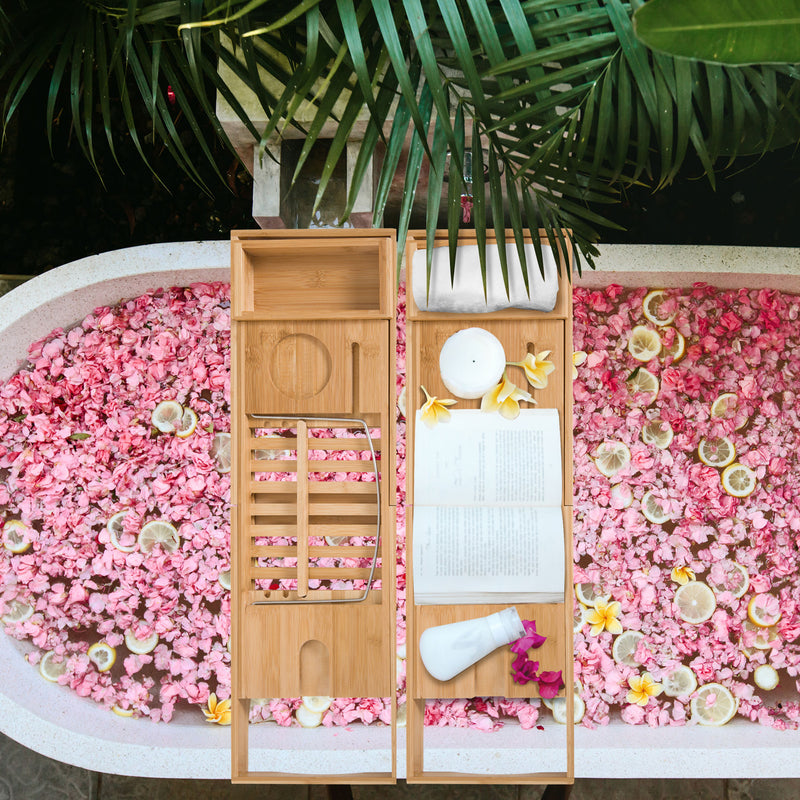 Extendable Bamboo Bath Caddy Shelf Set of 2 Ideal for Bathroom Storage, Natural