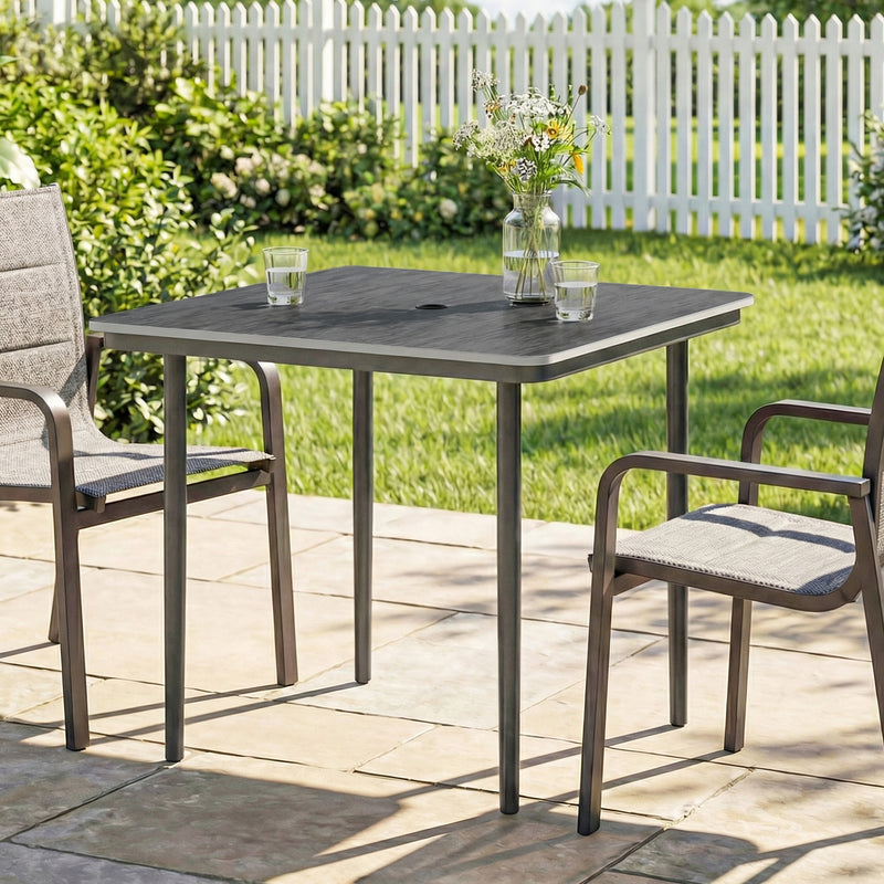 Garden Dining Table for 4 with Parasol Hole and Easy Care Faux Wood Top Dark Grey Outsunny