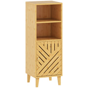 Slim Freestanding Bathroom Cabinet With Bamboo Door And Open Shelves For Storage, Natural Wood Finish