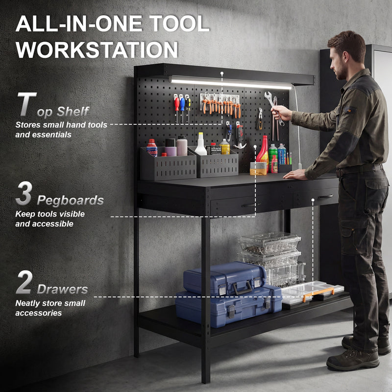 Workbench with Storage, LED Light and Power Outlets for Garage or Workshop Black AOSOM