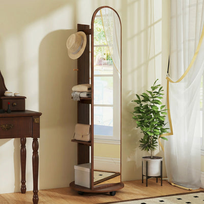 Full Length Mirror with Shelves and Hooks for Bedroom Storage on Wheels Brown Wood Effect Homcom