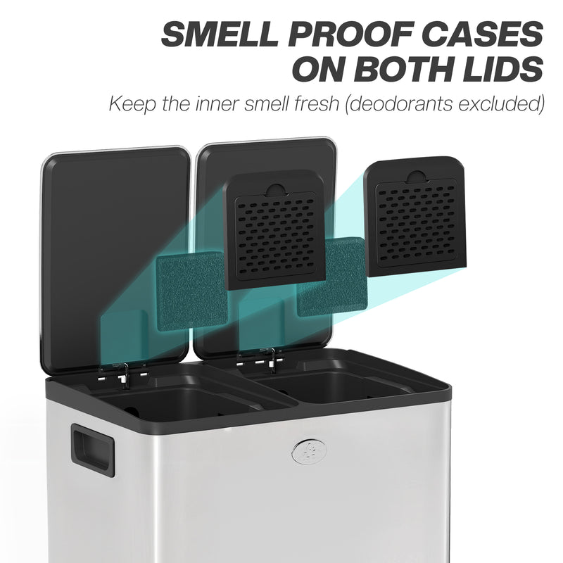 40L Dual Compartment Stainless Steel Kitchen Bin with Deodorisers Silver by Homcom