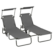 Set of Two Grey Folding Sun Loungers With Adjustable Backs and Sun Canopies by Outsunny