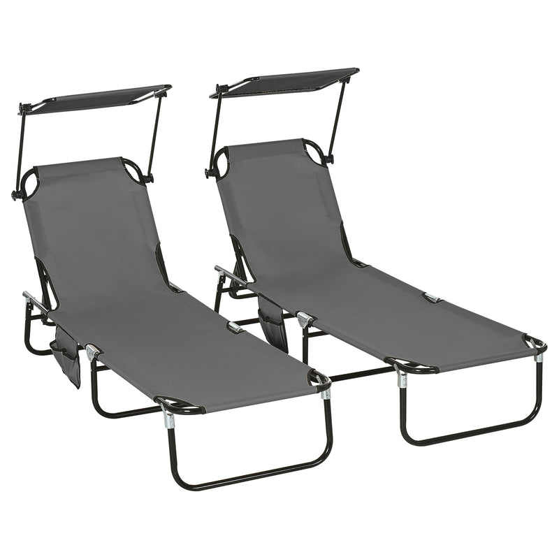 Set of Two Grey Folding Sun Loungers With Adjustable Backs and Sun Canopies by Outsunny