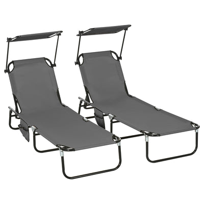 Set of Two Grey Folding Sun Loungers With Adjustable Backs and Sun Canopies by Outsunny