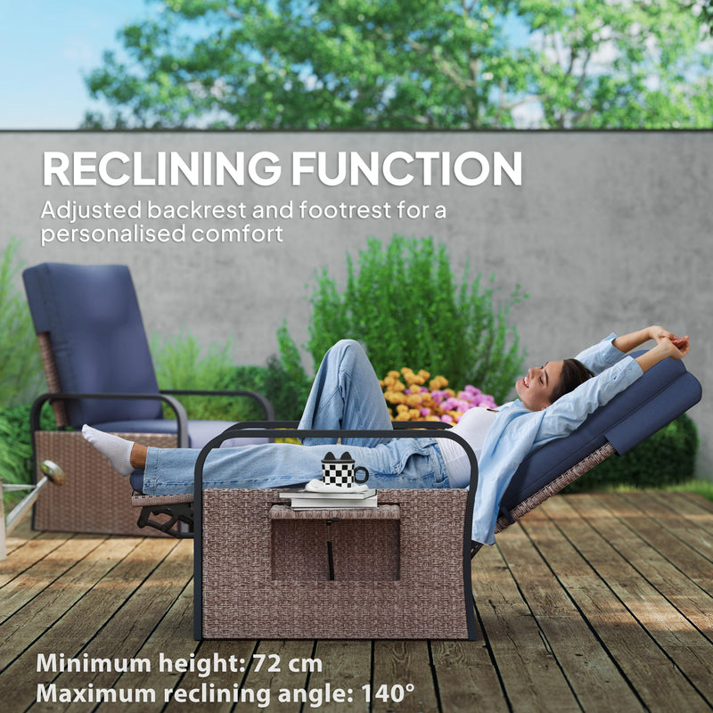 Rattan Garden Recliner Chair with Cushion Side Tray and Adjustable Footrest by Outsunny