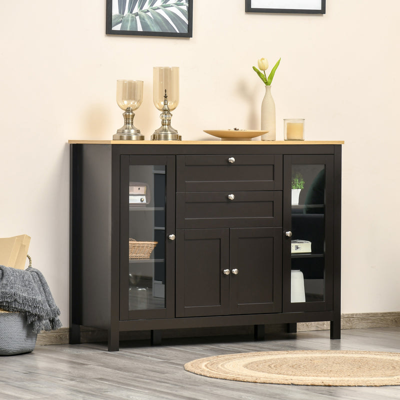 Buffet Sideboard Cabinet, Adjustable Shelves, Glass Doors for Organised Home Storage Oak Top, Black/Brown