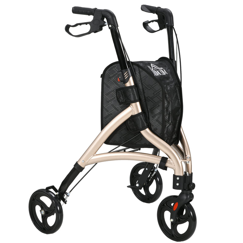 HOMCOM 3 Wheel Rollator, Lightweight Aluminium Tri Walker with Adjustable Handle, Storage Bag and Dual Brakes, 5.3kg, Gold Tone