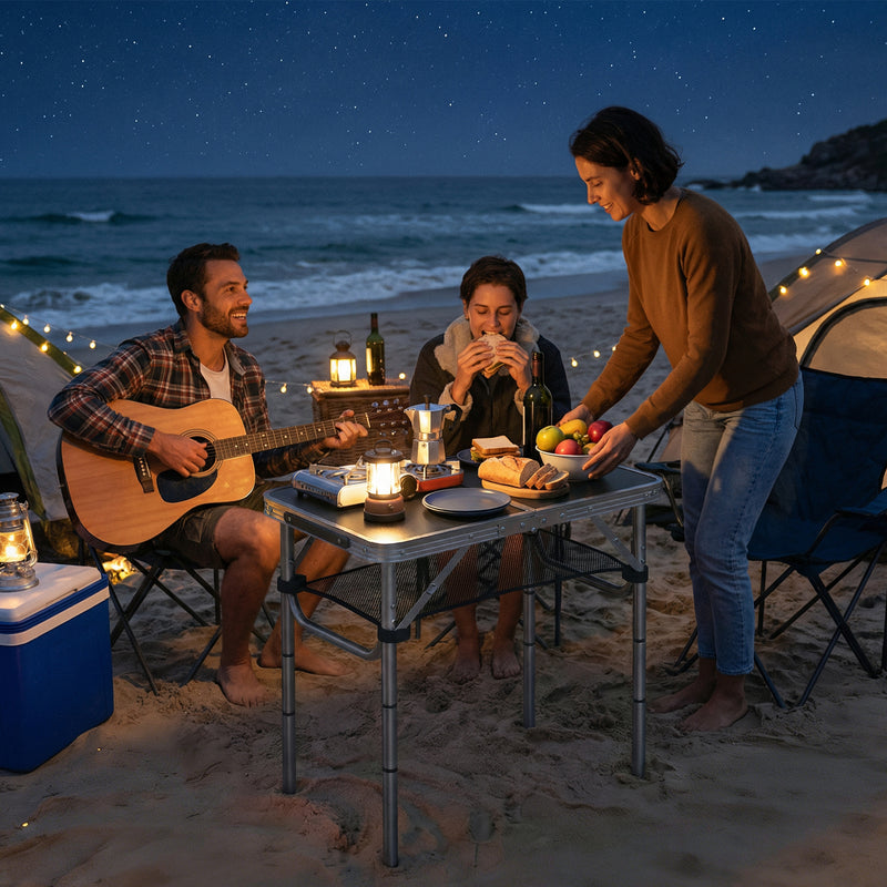 Folding Camping Table with Adjustable Height and Mesh Storage for Outdoor Meals Black and Silver