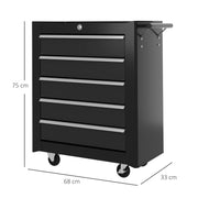 Black 5 Drawer Steel Tool Chest With Wheels And Lock For Garage Or Workshop Storage