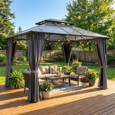 Garden Gazebo With Polycarbonate Hard Top Roof for All Weather Shelter and Privacy, Dark Grey Outsunny