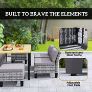 Grey 6 Seater Rattan Patio Dining Set with Cushions and Slatted Table by Outsunny