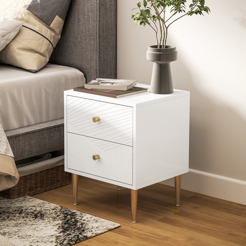 White Bedside Table with Two Drawers With Gold Legs and Knobs by HOMCOM