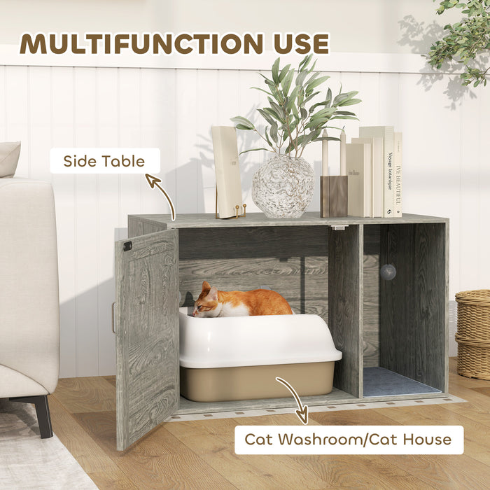 Grey Boho Style Cat Litter Box Enclosure with Rattan Door Scratching Mat and Toy Ball by PawHut