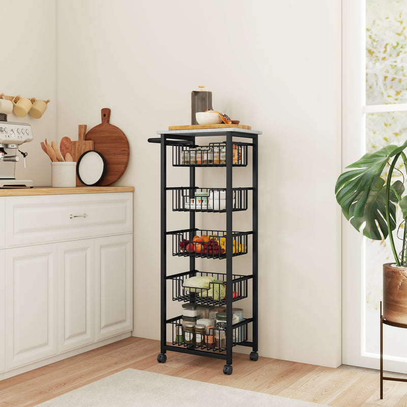 Mobile Kitchen Island with Five Storage Baskets and Lockable Wheels for Easy Movement Grey Black