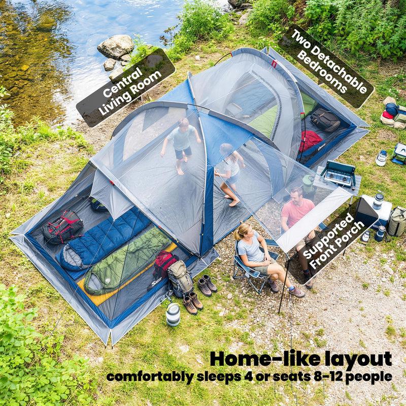 Waterproof Family Tunnel Camping Tent With Bedrooms & Porch, Navy Blue & Light Grey