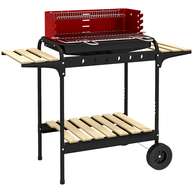 Red Charcoal BBQ Grill with Adjustable Grate Height for Outdoor Cooking
