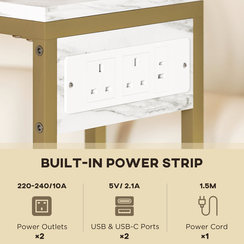 White C Shaped Side Table with USB Charging Station and Faux Marble Top for Living Room