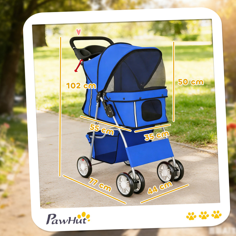Pet Stroller for Small or Elderly Pets with Foldable Frame and Mesh Windows Blue