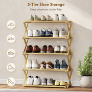 Five Tier Folding Bamboo Shoe Rack Space Saving Storage Organiser For Hallway Natural AOSOM