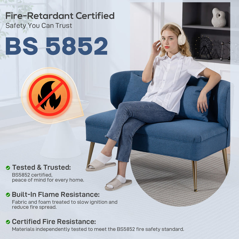 2 Seater Sofa Blue Wing Back Sofa With Thick Cushions And Gold Metal Legs For Small Spaces