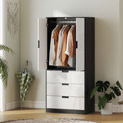 Modern 2 Door Bedroom Wardrobe with Hanging Rail and 3 Storage Drawers, High Gloss White