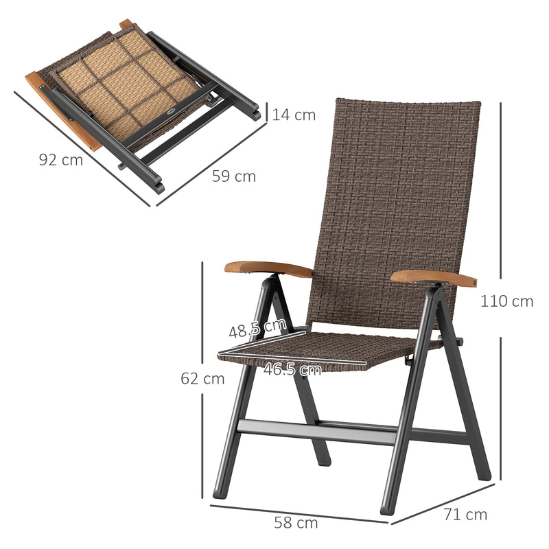 2 Piece Foldable Outdoor Dining Chairs with Armrests and High Backrest for Garden and Camping Brown Rattan by Outsunny