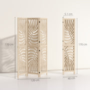 3 Panel Folding Room Divider with Palm Leaf Design for Home Office Privacy, Natural Wood AOSOM