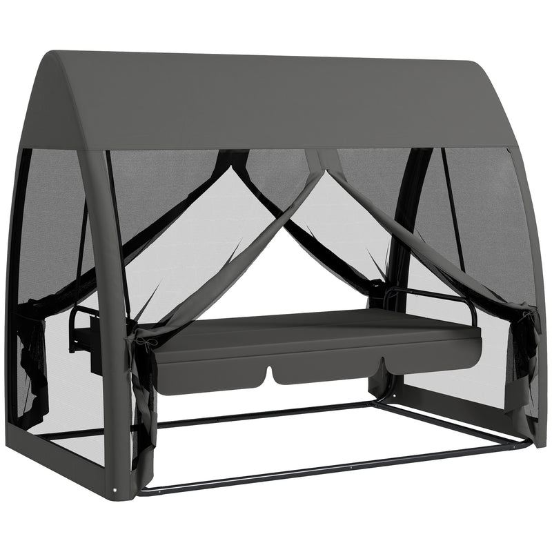 Grey 3 Seater Garden Swing Chair Converts to Bed with Curtains and Canopy for Shade