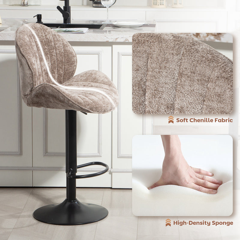 Adjustable Chenille Bar Stools with Curved Backrest for Kitchen Island or Breakfast Bar Brown AOSOM