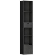 Tall Narrow 6 Tier Bookcase with Drawer and Cupboard for Home Storage Black AOSOM