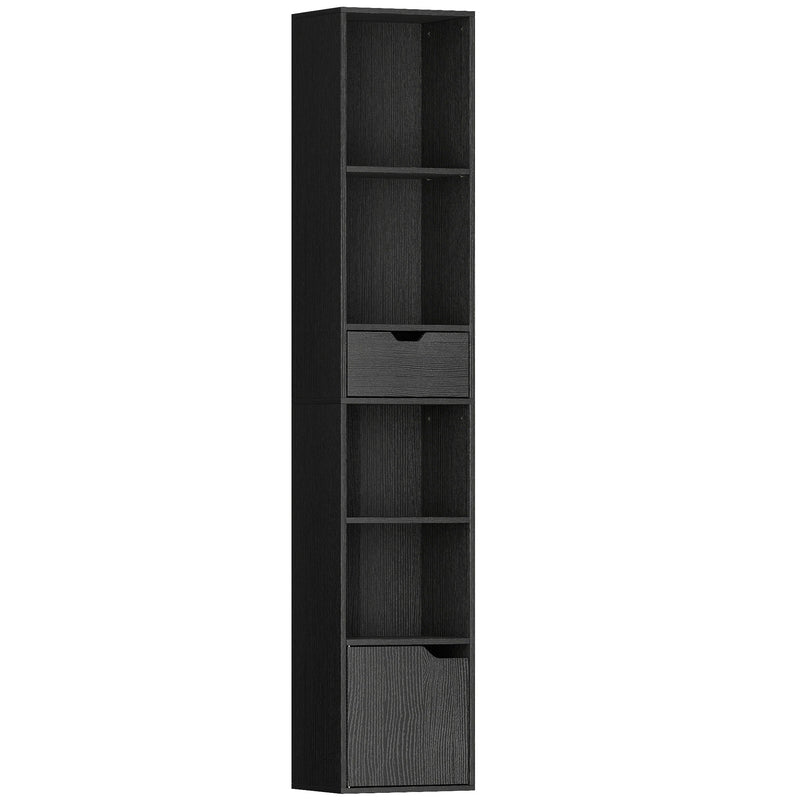 Tall Narrow 6 Tier Bookcase with Drawer and Cupboard for Home Storage Black AOSOM