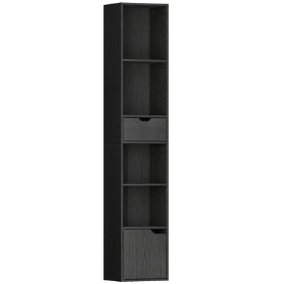 Tall Narrow 6 Tier Bookcase with Drawer and Cupboard for Home Storage Black AOSOM