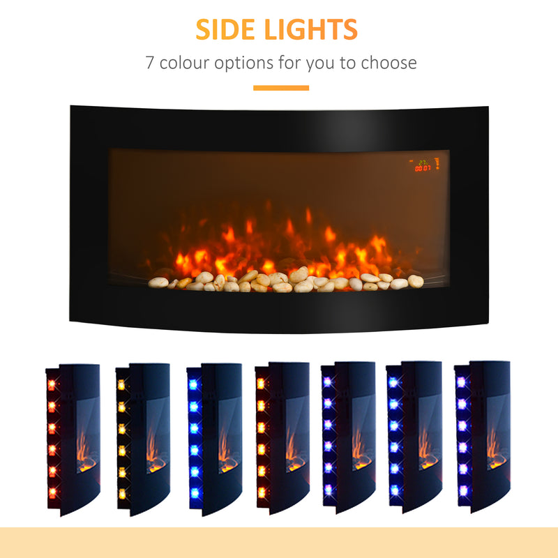 Slimline Wall Mounted Electric Fireplace with Curved Glass and 7 Colour LED Lights