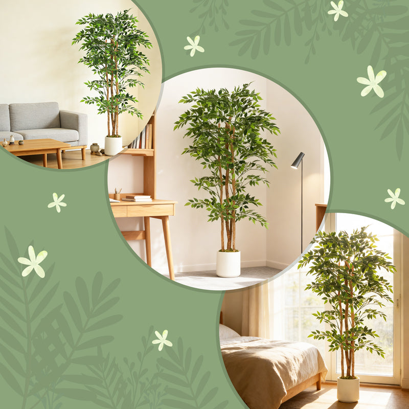 HOMCOM 180cm Artificial Ficus Tree, Fake Potted Tree with Solid Wood Trunk and Pot for Indoor, Green