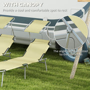 Set of 2 Beige Foldable Sun Loungers with Adjustable Backrest and Canopy for Garden or Beach Outsunny