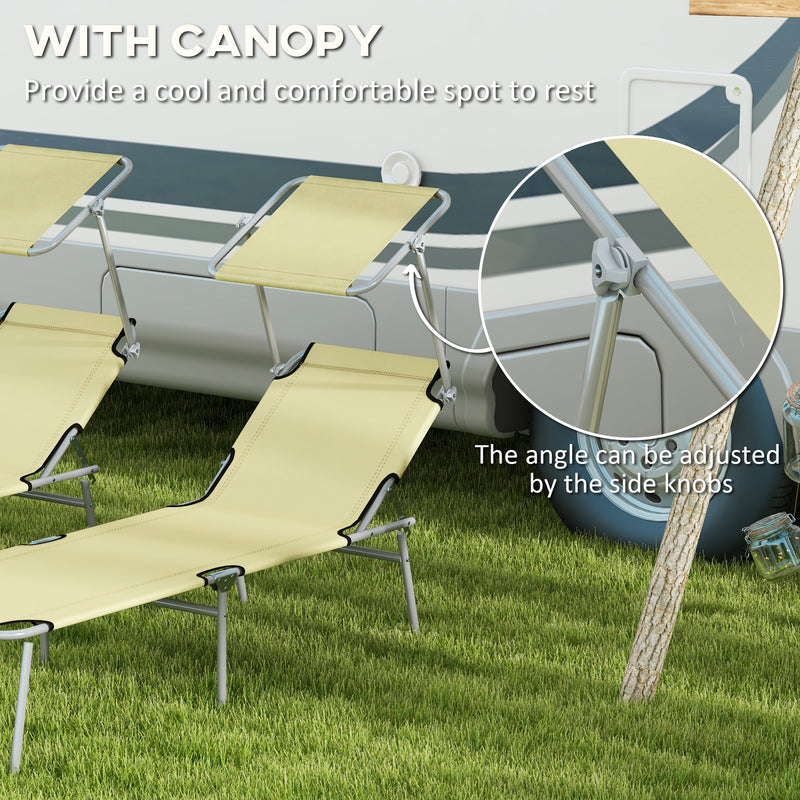 Set of 2 Beige Foldable Sun Loungers with Adjustable Backrest and Canopy for Garden or Beach Outsunny