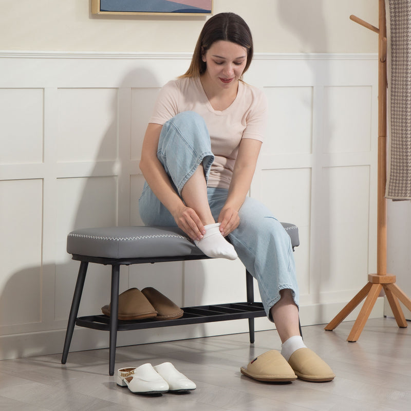 PU Leather Shoe Storage Bench With Padded Seat and Hidden Compartment, Grey