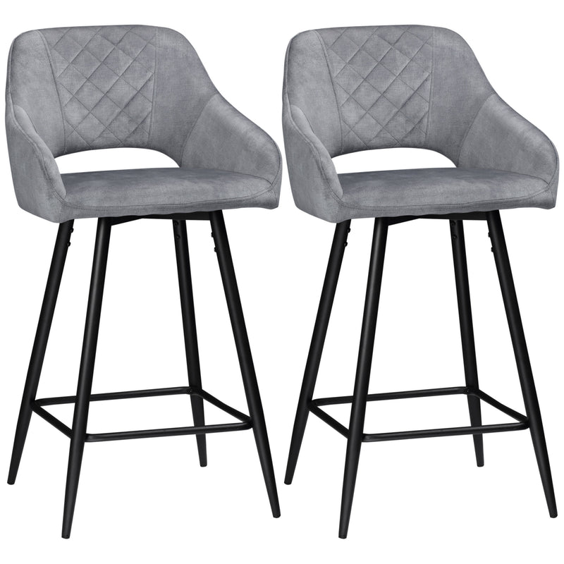 Set of 2 Velvet Bar Stools with Steel Legs for Kitchen Island or Dining Area Grey