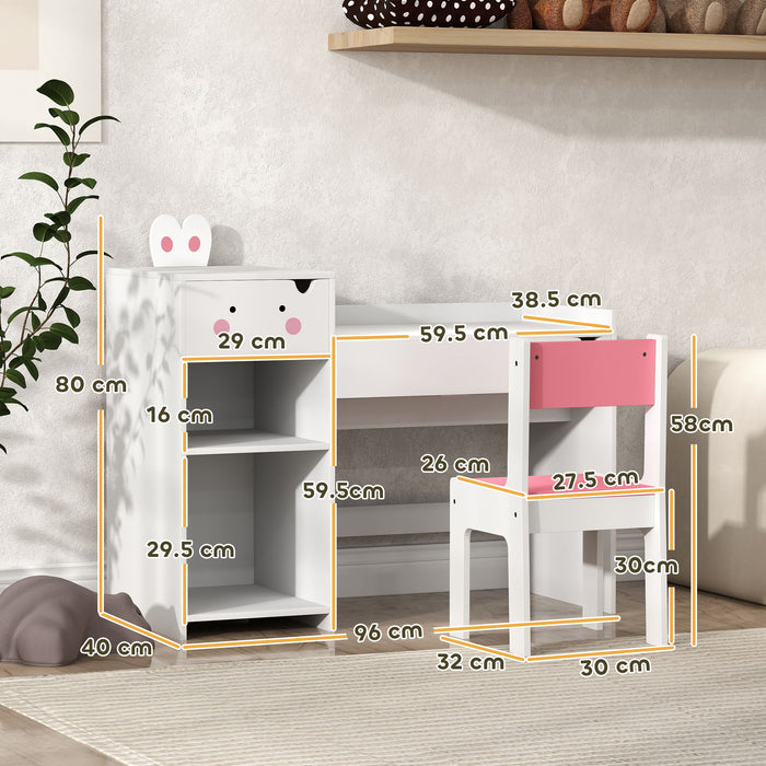 White Rabbit Themed Kids Desk and Chair Set with Storage for Ages 3-6 by AIYAPLAY
