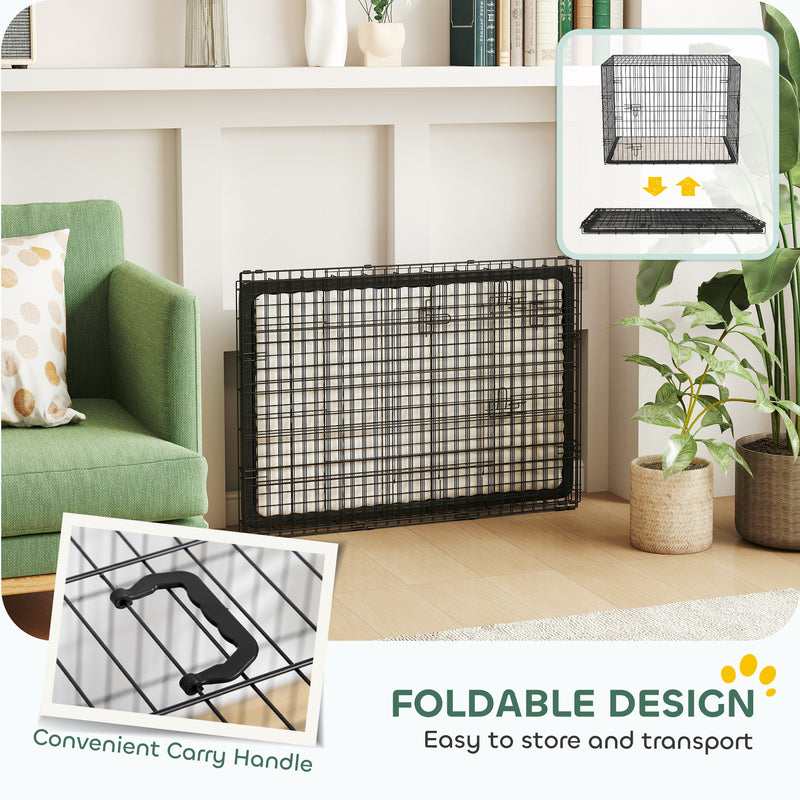 Foldable Dog Crate with 2 Doors Tray and Soft Cushion for Medium Large Dogs Black by PawHut