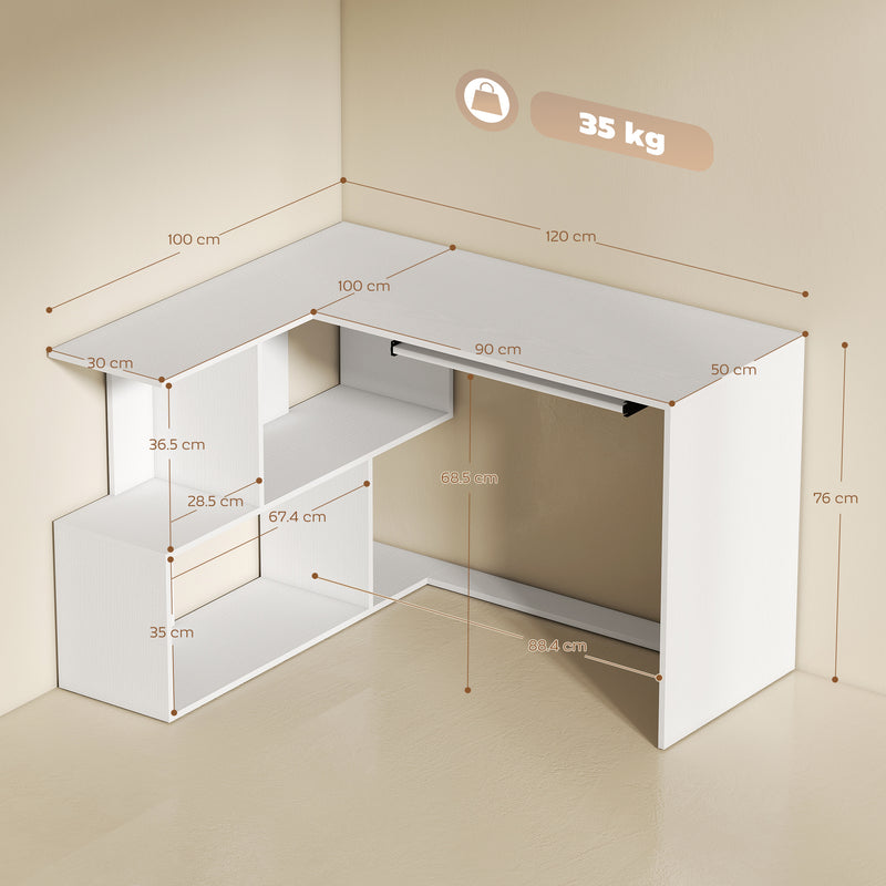 L Shaped Corner Desk with Shelves and Keyboard Tray for Small Home Office White